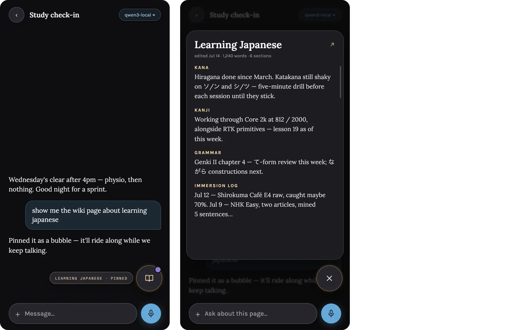 The wiki page pinned as a bubble, and the bubble opened over the conversation