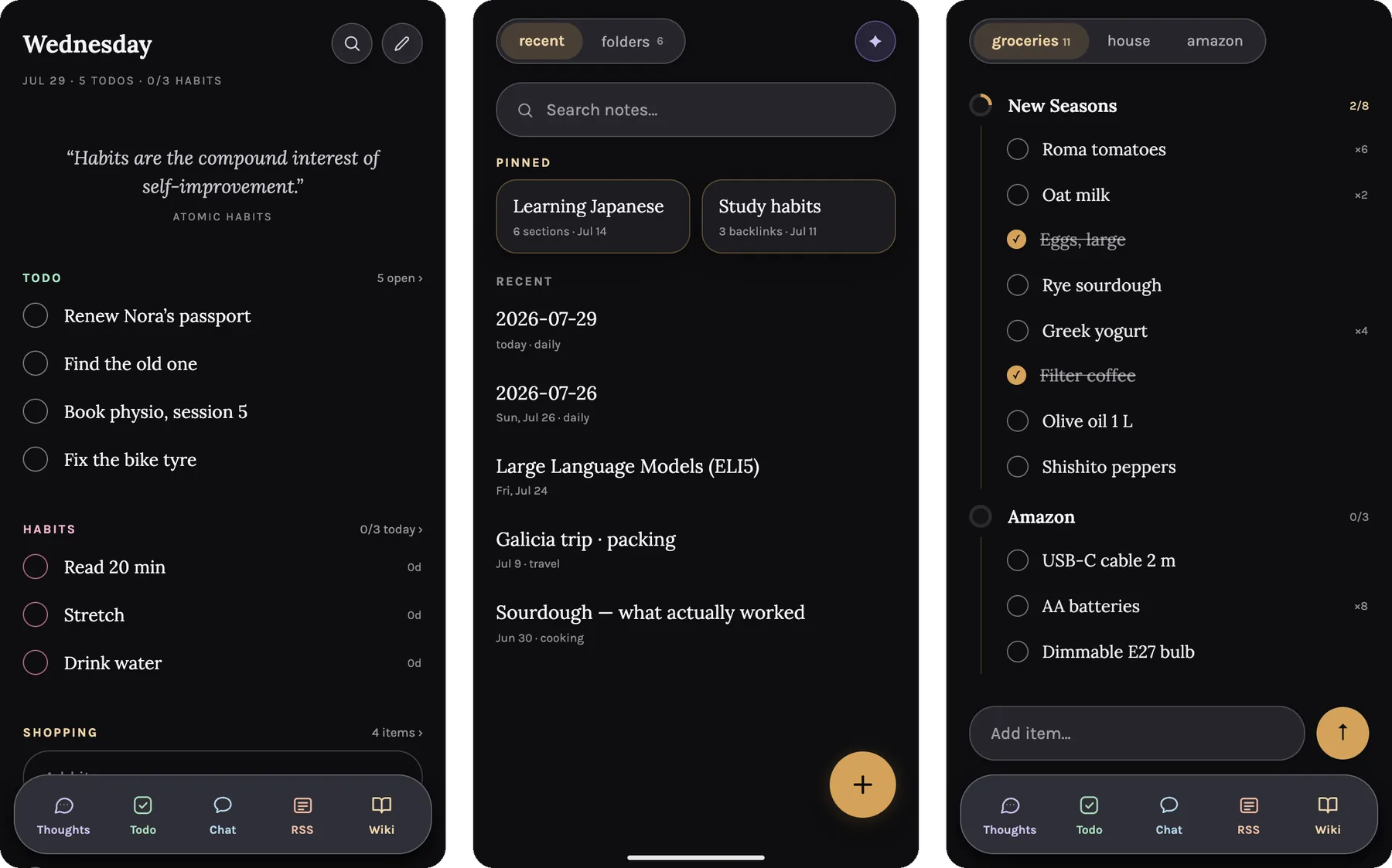 The phone surfaces: the day view, the wiki, and the shopping list